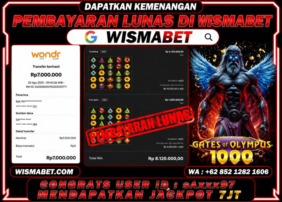 Wismabet - BUKTI KEMENANGAN Gates Of Olympus x1000 Rp7,000,000,- LUNAS